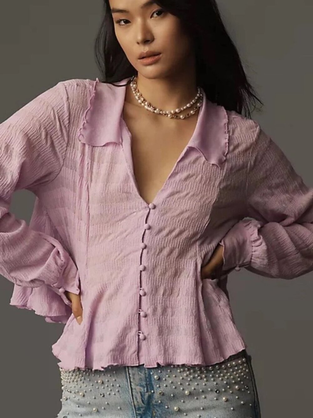 Anthropologie - Lavender Buttoned Babydoll Blouse - Ruffle Collar